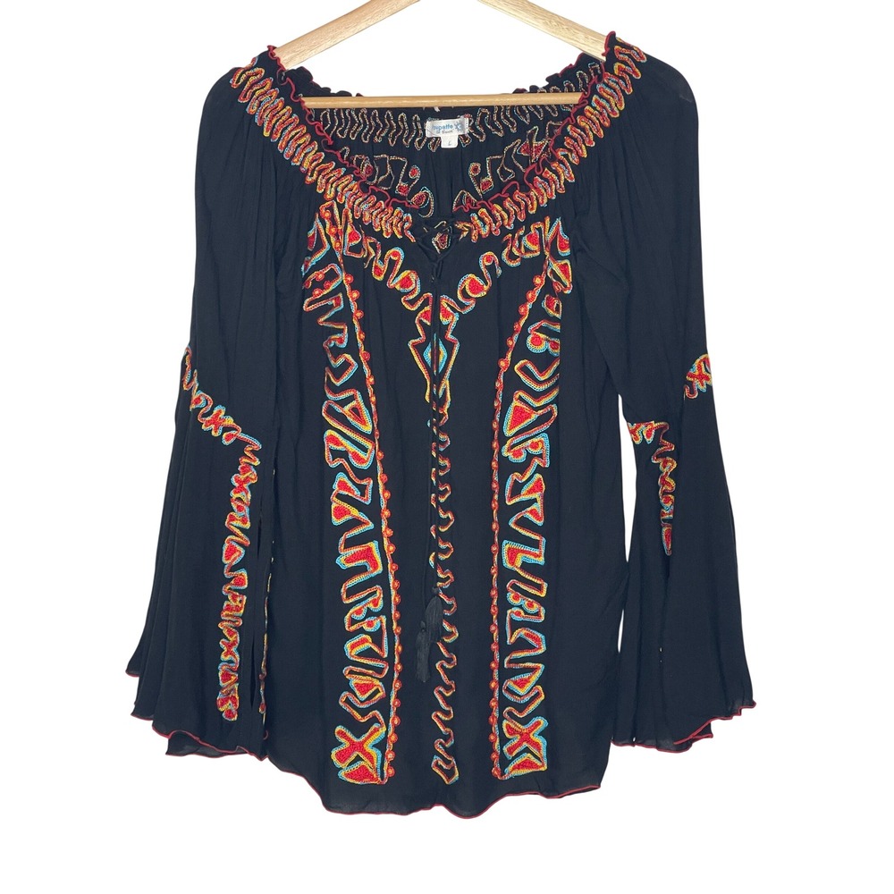 Poupette St Barth Black Embroidered Bell Sleeve Boho Blouse Tassels Large